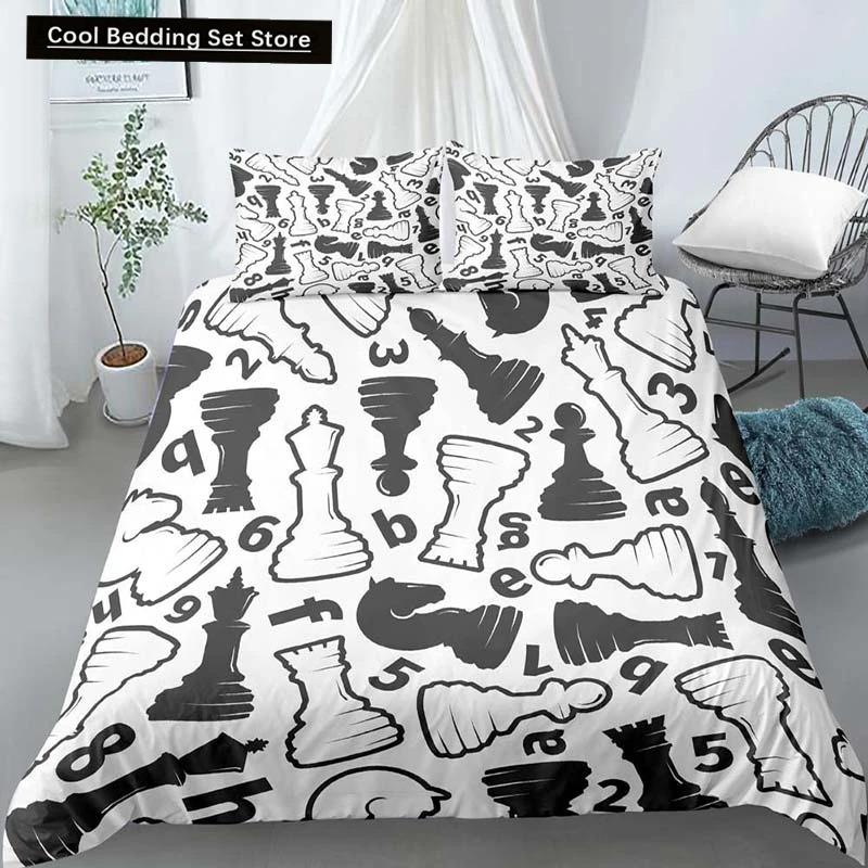International Chess King Queen Duvet Cover Chess Board Bedding Set Black White Grid Quilt Cover Plaid Polyester Comforter Cover
