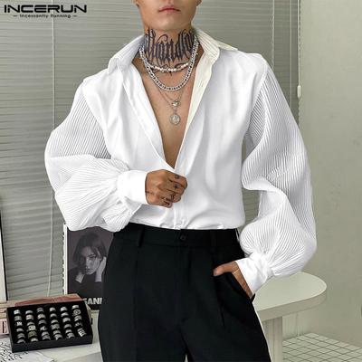 Men Lapel Neck Transparent Puff Sleeve Patchwork Casual Buttons Shirts Tops