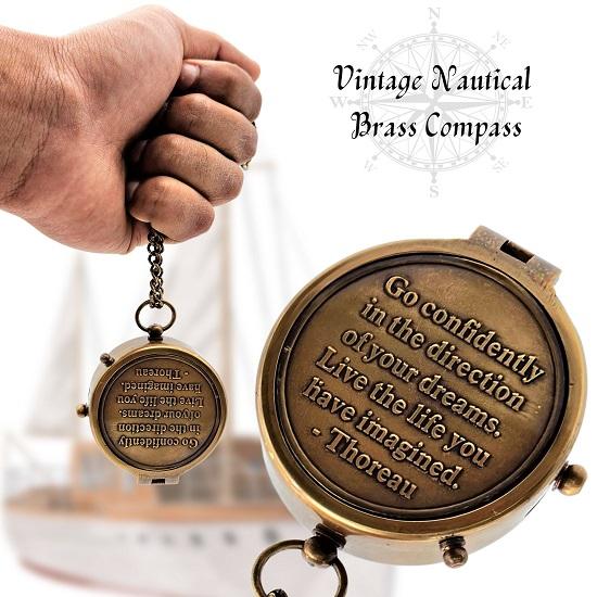 Nautical Compass Go Confidently In The Direction of Your Dreams  Thoreau Poem Engraved Solid Brass Navigational Compass Wooden Box