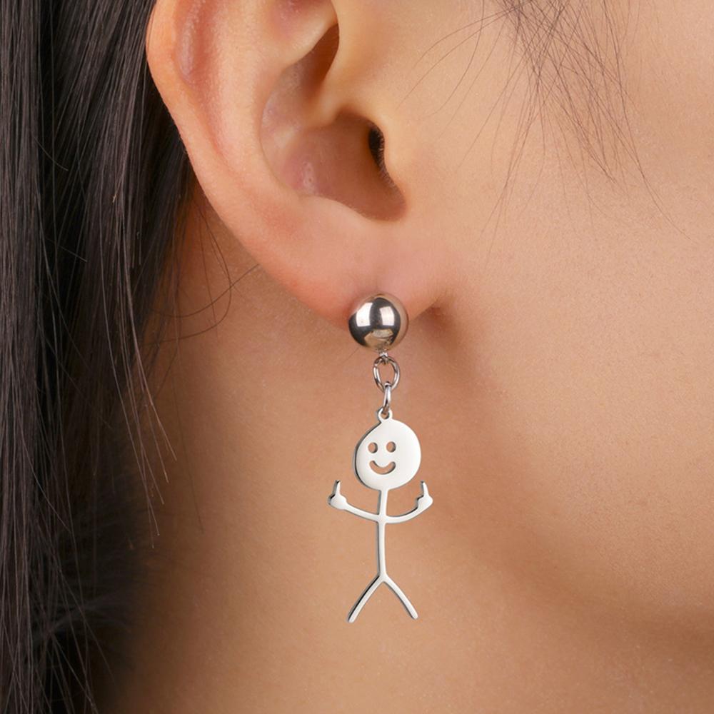 My Shape Middle Finger Stickman Earrings Funny Doodle Stud Earrings Stainless Steel Earrings Hip Hop Jewelry Valentine's Day
