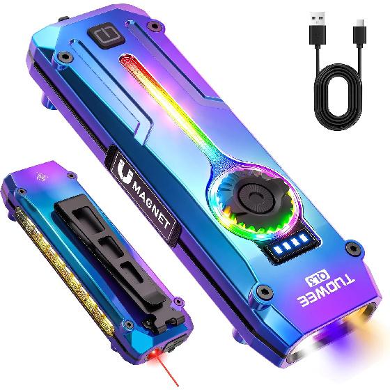 UV Flat EDC Flashlight Rechargeable 1800 High Lumens Pocket Light with RGB,Magnetic Base Small Flashlights with Dual Switch,Stepless Dimming,USB-C
