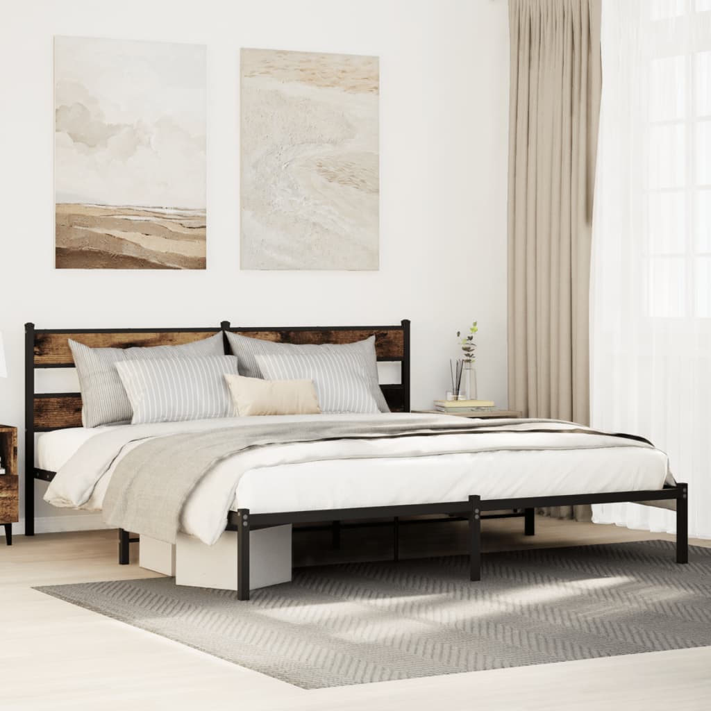 Metal Bed Frame Without Mattress Smoked Oak Finish 183 X 213 Cm