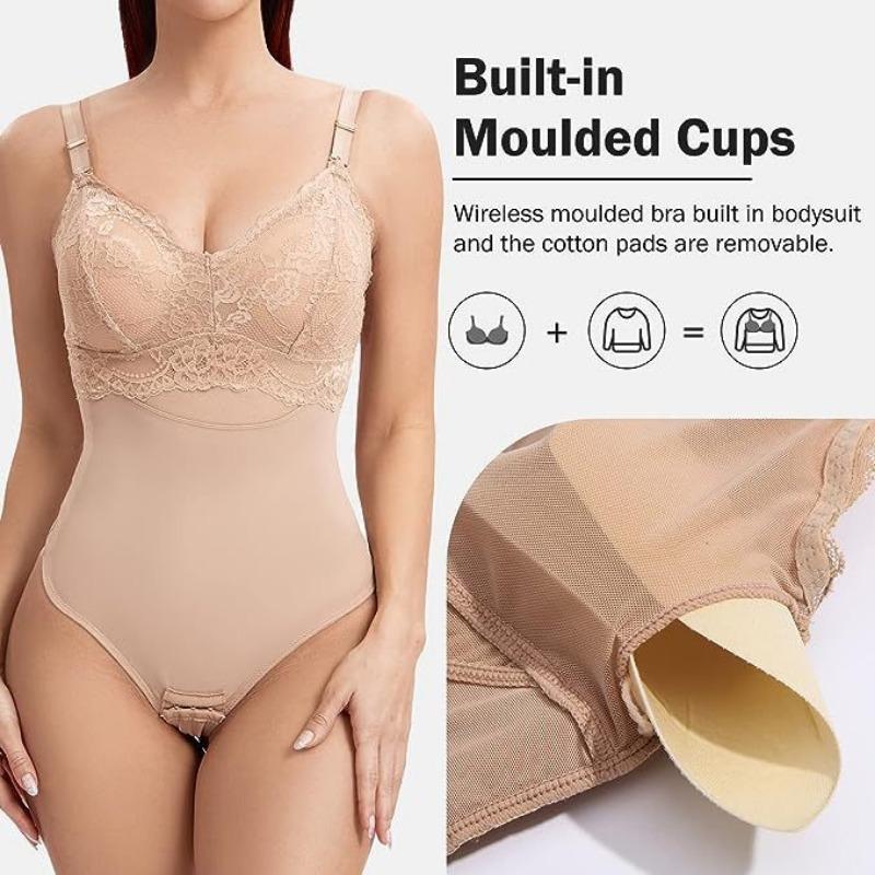 Body Intimo Modellante a Tanga con Controllo Pancia e Sollevamento Glutei da Donna con Imbottiture in Pizzo Rimovibili