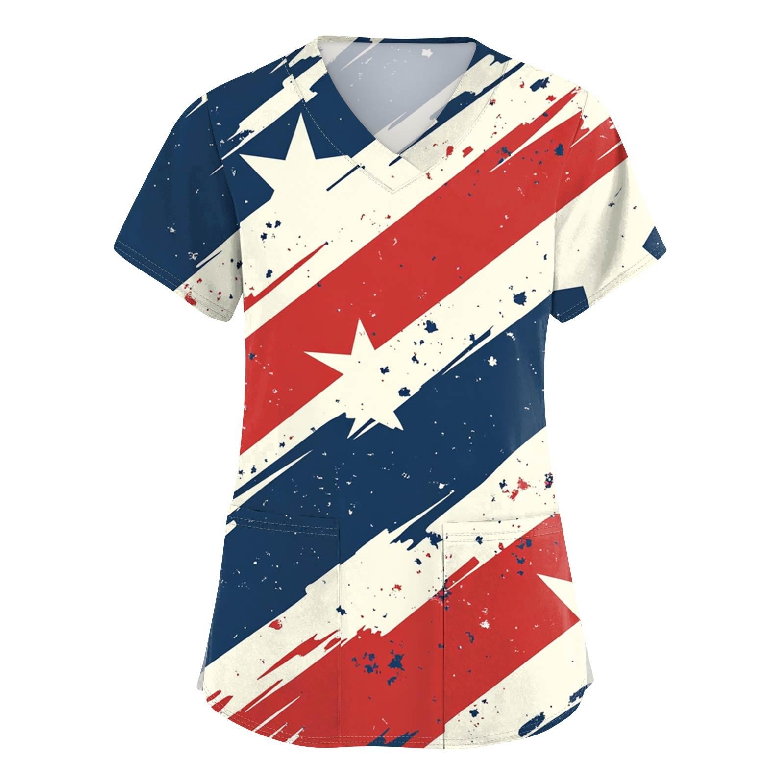 

Women s Short Sleeve Independence Day Printed V-Neck Pocket Workwear Top XXXL Кіновар