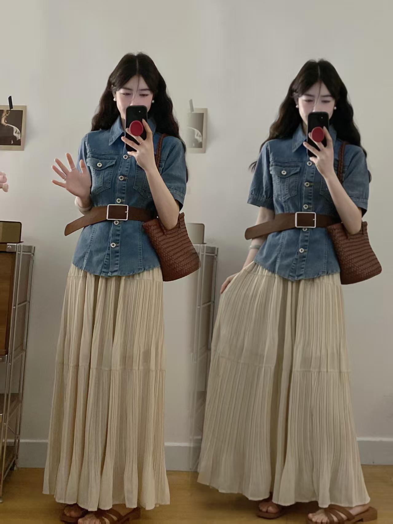 

Plus Size Retro Waist-Cinched Denim Jacket & Skirt Set for Women - Summer 2025 Trend L