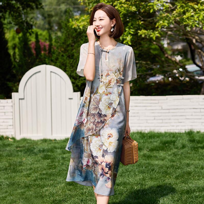 Baolianduo Chinese Style Floral Summer Dress for Middle-Aged Women