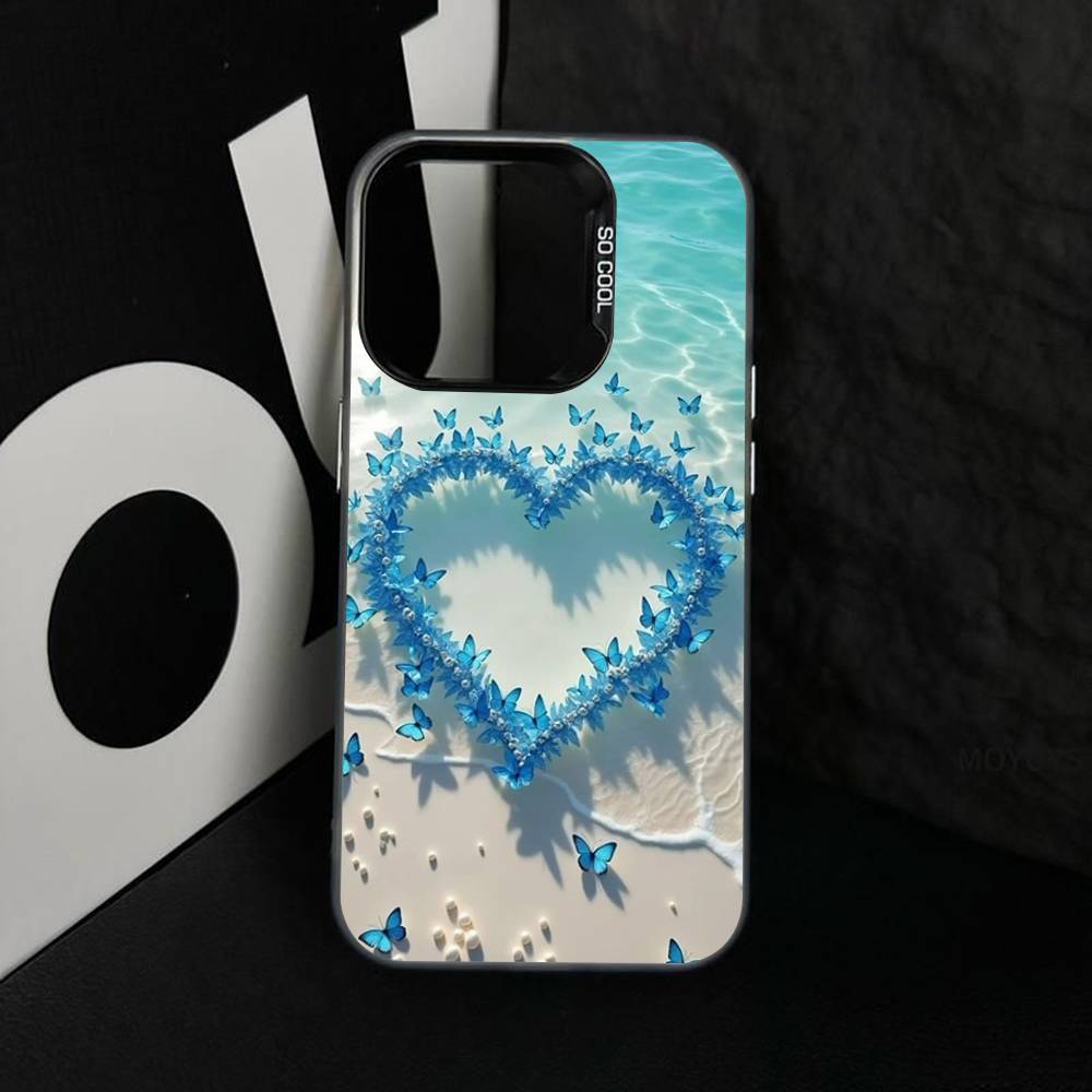 Blue Butterfly Ocean Waves Phone Case For iPhone 17 16 15 14 13 12 11 XS XR X Pro Max Plus Colored Silver Plated Cover