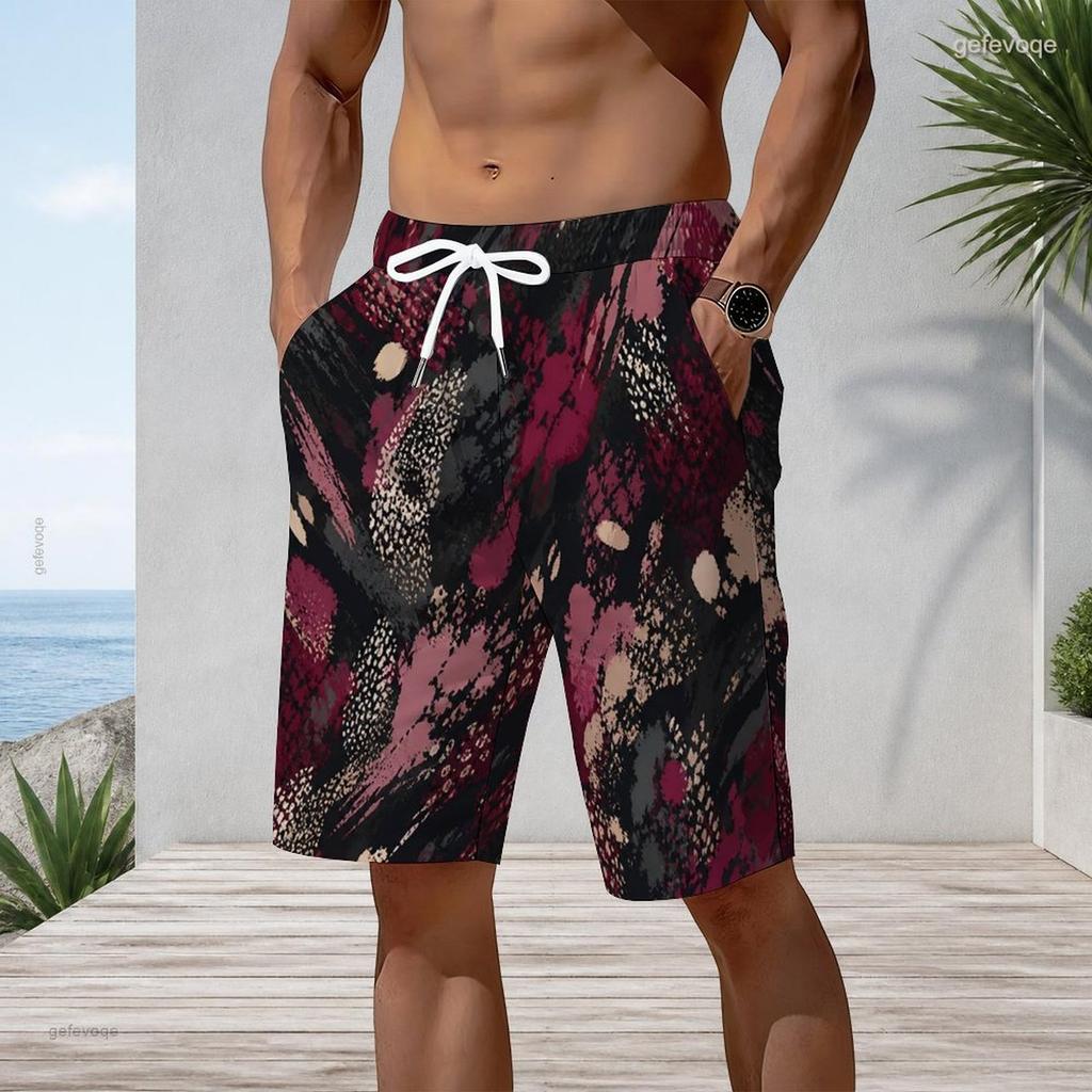 Men Plus Size Abstract Art Print Beach Shorts Quick Dry Drawstring Casual Swim Trunks With Pockets For Summer Surfing Vacation