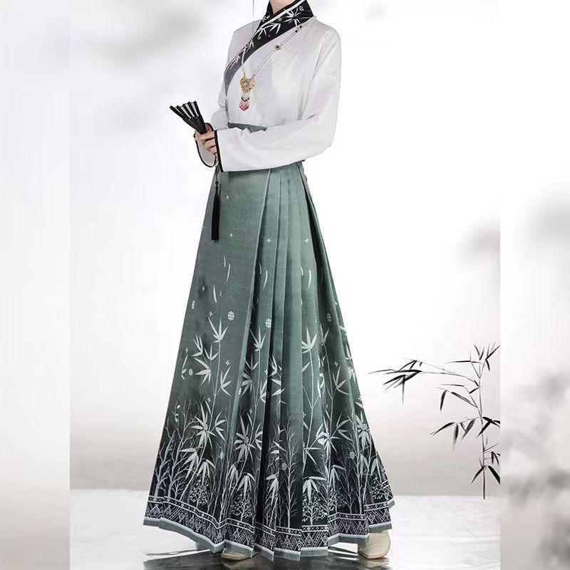 Spring Summer Prints Horse Face Skirt Modern Vintage Chinese Traditional Ming Style Hanfu Commuting Cool Female Dresses