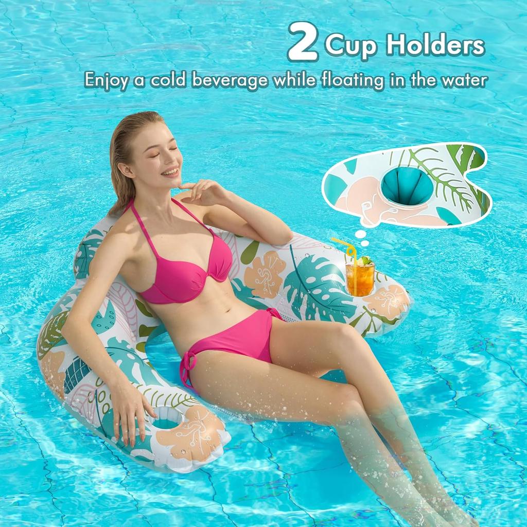 3 Pack Inflatable Pool Floats for Adults Pool Chairs with Two Cup Holders Comfortable Blow up Floating Lake Water Fun Swimming Party