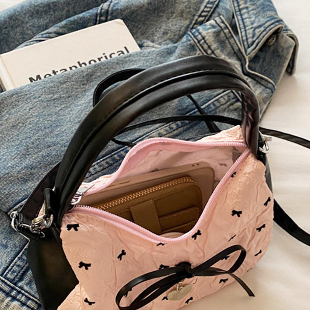 Women's Fashion Bow Handbag with Metal Heart Pendant Sweet Print Crossbody Bag for Commuting, Underarm & Single Shoulder Carry