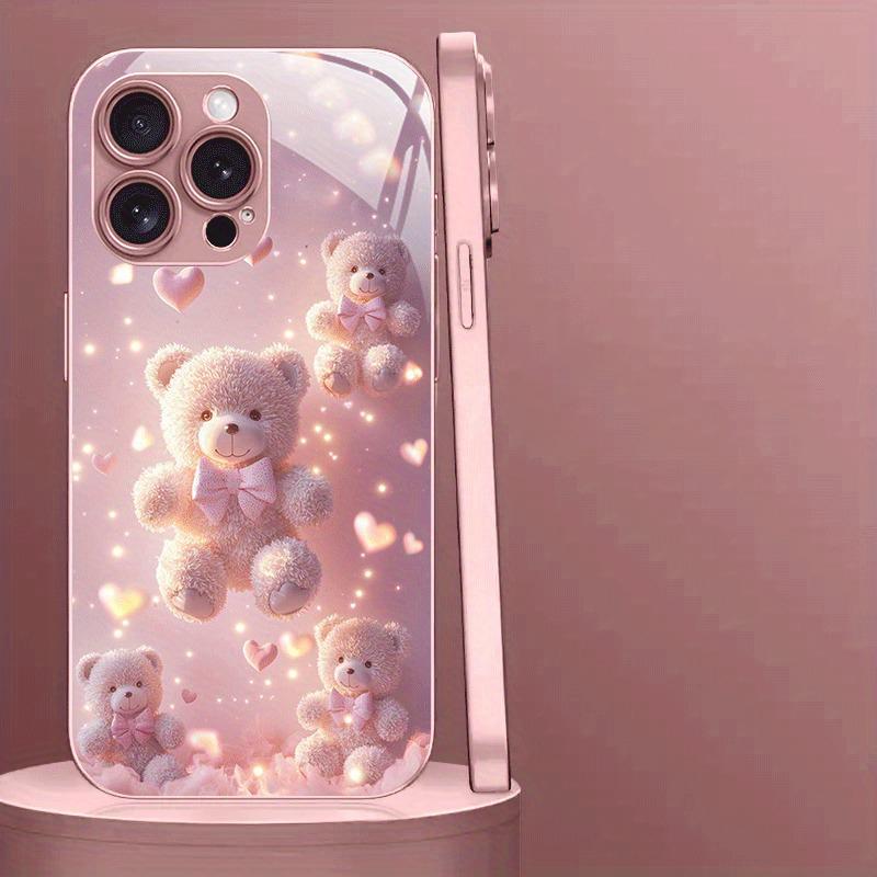 Cute Bear Heart Pattern Pink Metallic Paint Glass Hard Phone Case For iPhone 17Air 11 12 13 14 15 16 17 Pro Max Plus 16E Cover