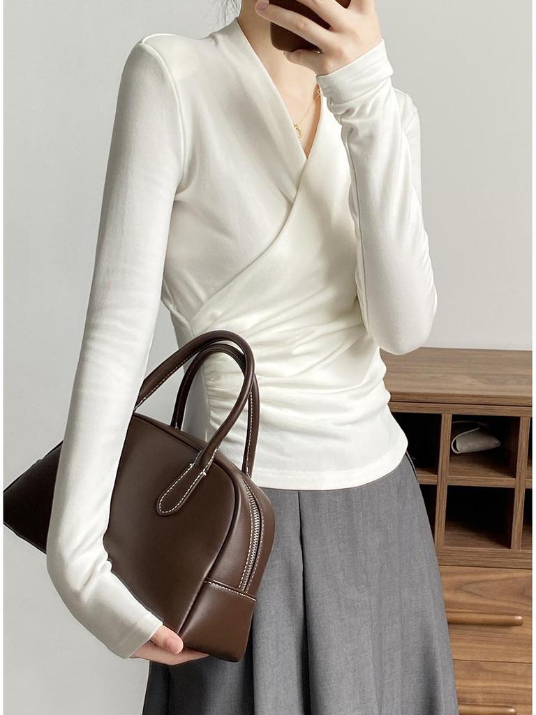 Women's V-Neck Long-Sleeve Crossover Top - Slim, Stylish, Flattering Autumn/Winter Layer
