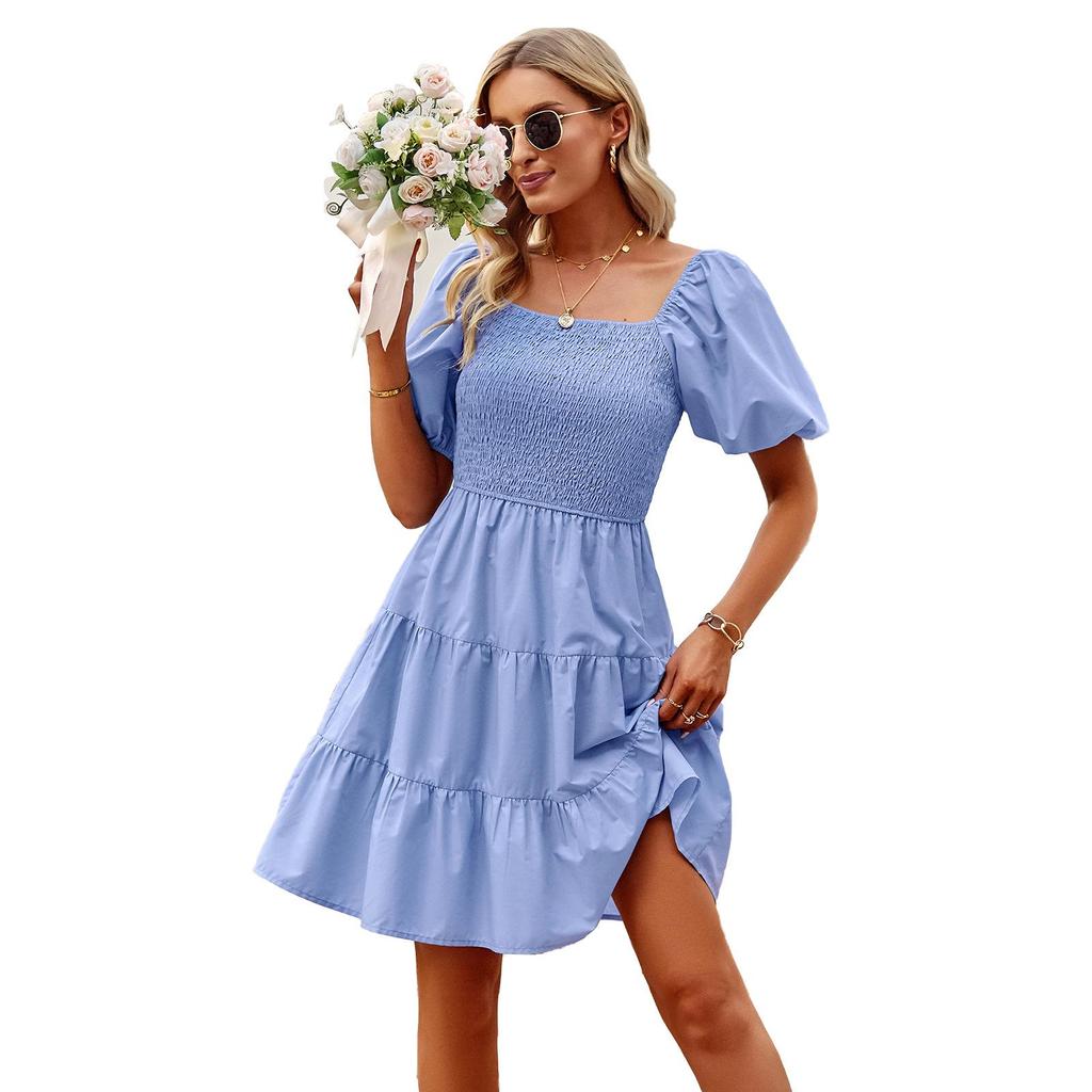 Robe Longue Manche Courte été Robe Longue élégante à Col En V Et Manches Courtes Pour Femme - Taille Empire - Dentelle Unie Robe élégante Pour Femme