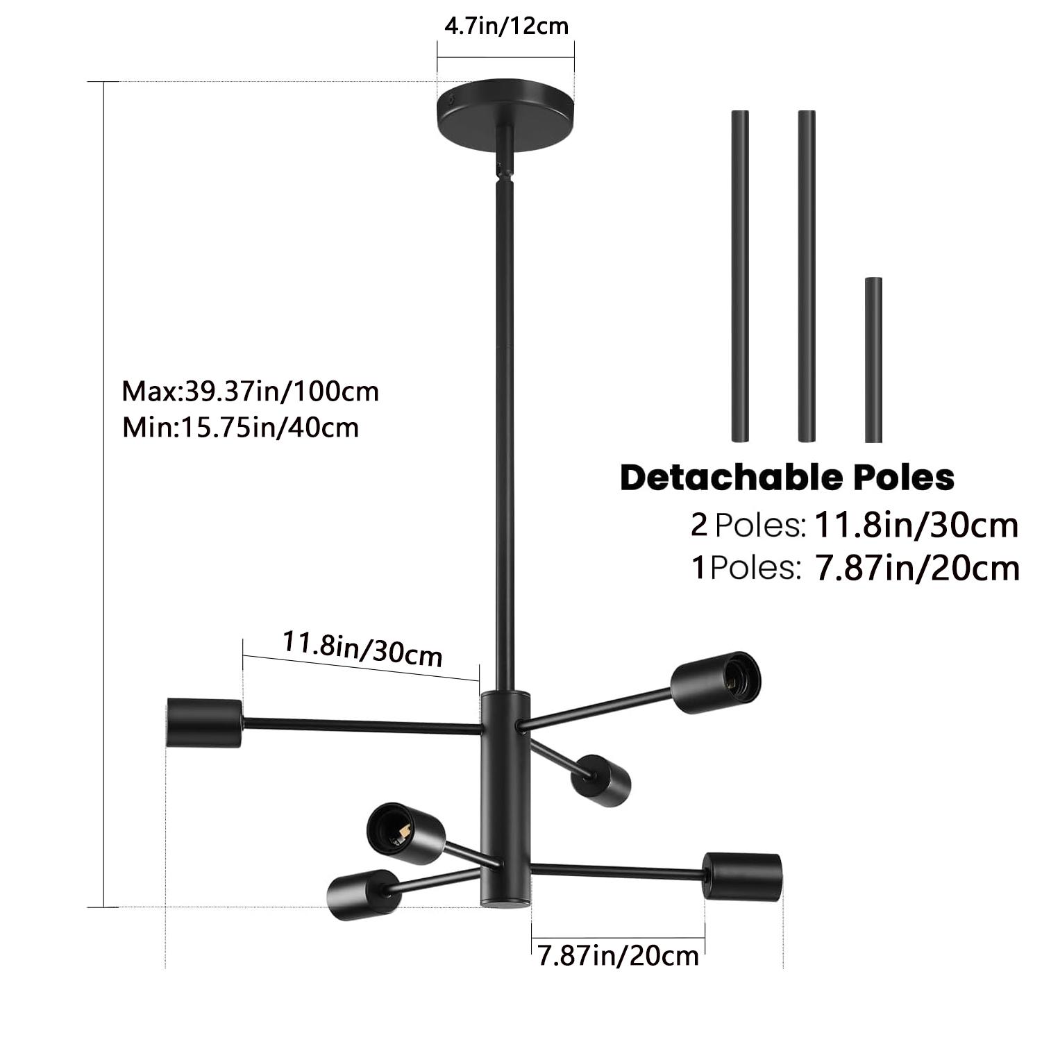 Modern Sputnik Chandeliers Light, 6-Light Black Chandeliers for Dining Room, Height Adjustable Ceiling Lights Farmhouse Chandelier for Kitchen Island 6 heads