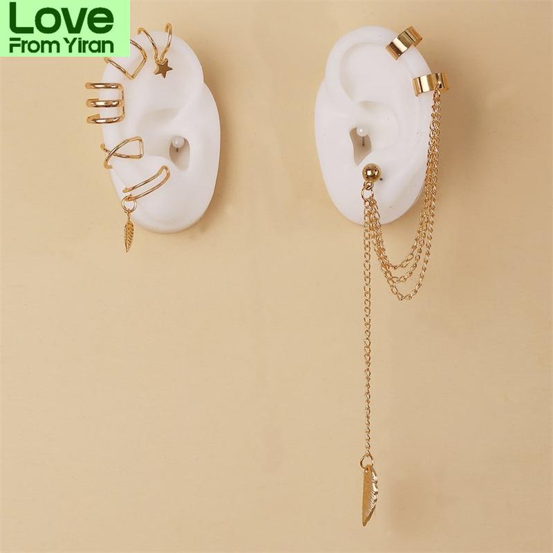 Fake Piercing Ear Cuff Clip On Earrings Tassel Leaf Jewelry Sets Cool Aesthetic Accessories Gifts For Women Statement Earrings