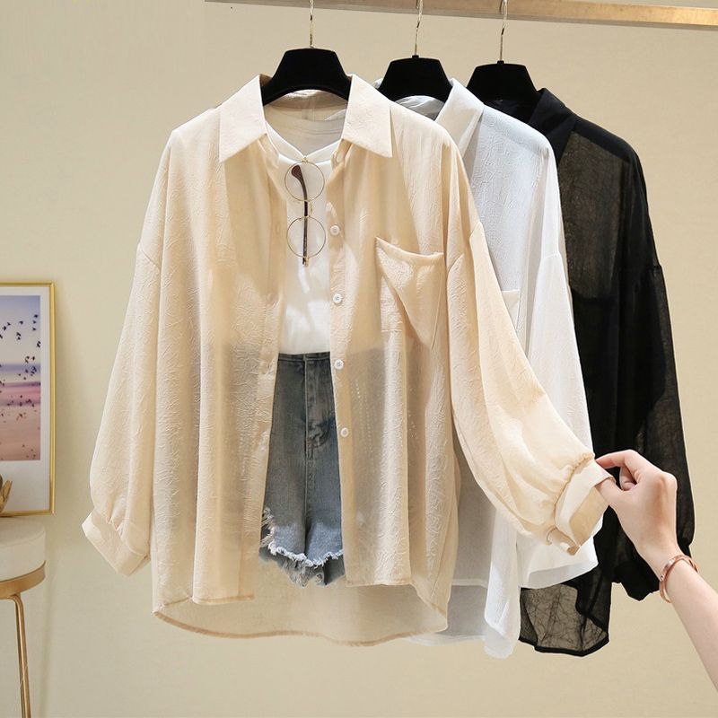Summer Womens Thin Cardigan Hollow Out Korean Style Loose Long Sleeve Chiffon Shirt Jacket Casual Outwear