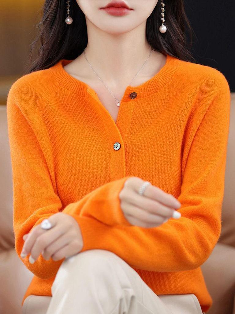 Women's Round Neck Knit Cardigan - Korean Style Loose Sweater, Garter Stitch Outerwear for Spring and Autumn