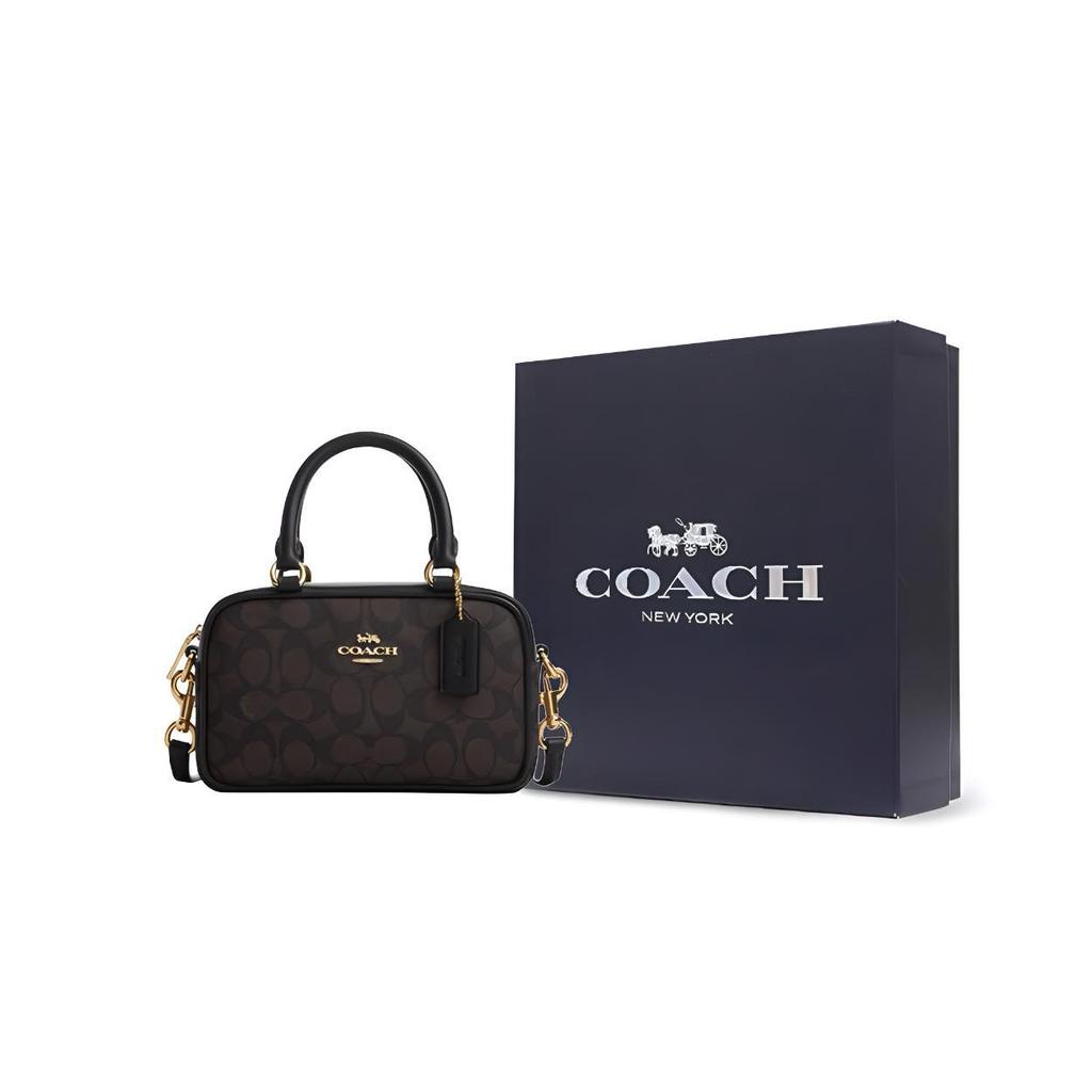 Coach Satchel 18 Brand Logo Zipper Closure Coated Canvas Shoulder Crossbody Handbag Small Women Handbags Dark-Brown CW197-IMXAQ