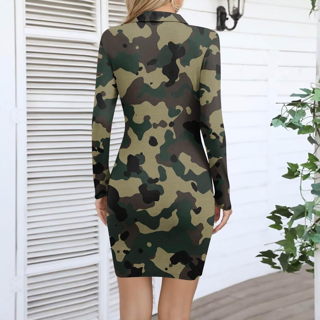 Women's V-neck Casual Print Long-sleeved Fitted Dress