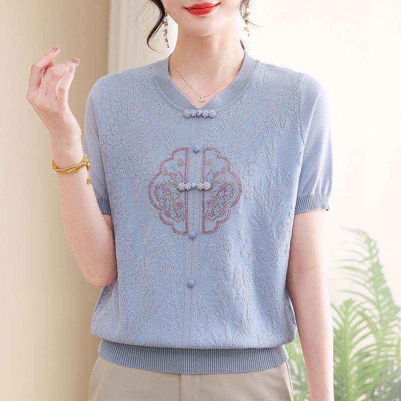 

Новая стильная летняя вязаная блузка для женщин среднего и пожилого возраста - Модная рубашка в китайском стиле XL (90-105 catty) синий