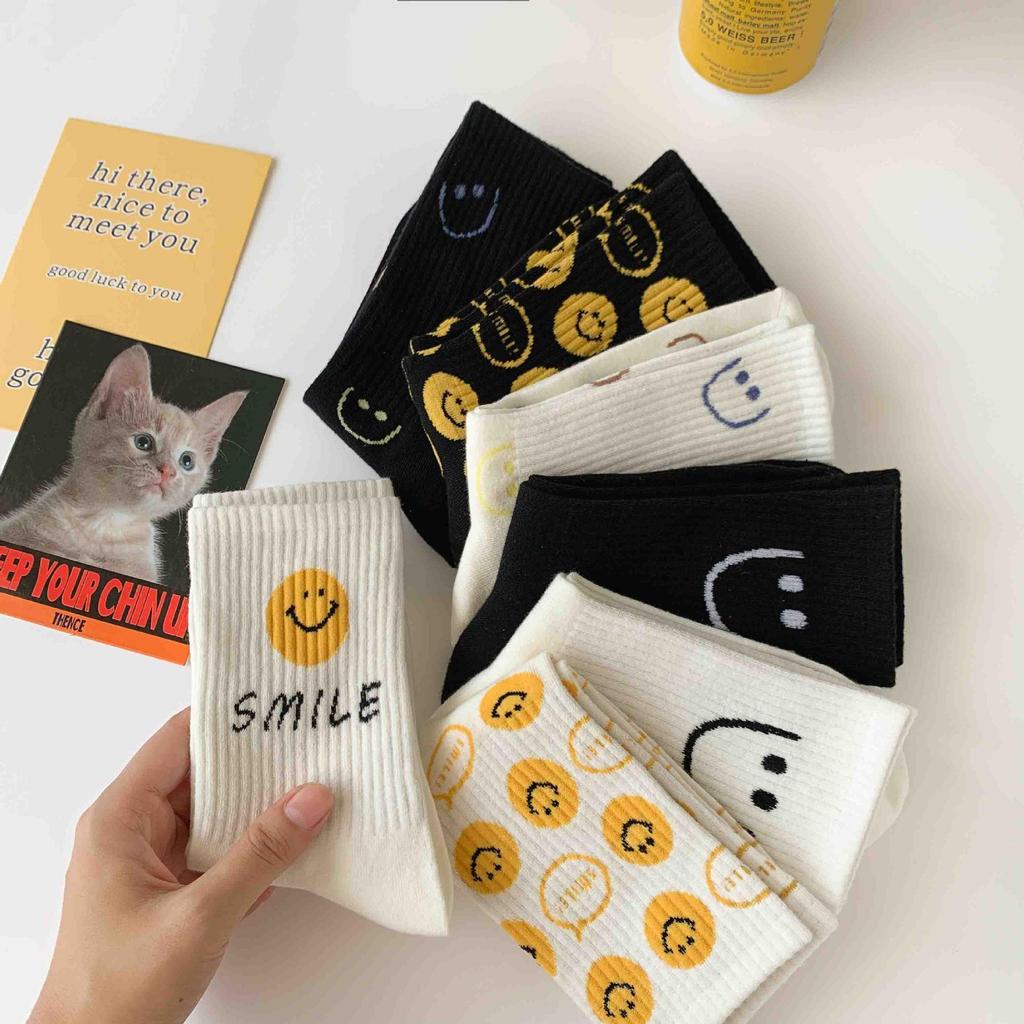Korean Smiley Face Women's Mid-Calf Socks, Cute Japanese Style, Internet Trend, Pure Cotton for Spring, Autumn, Winter