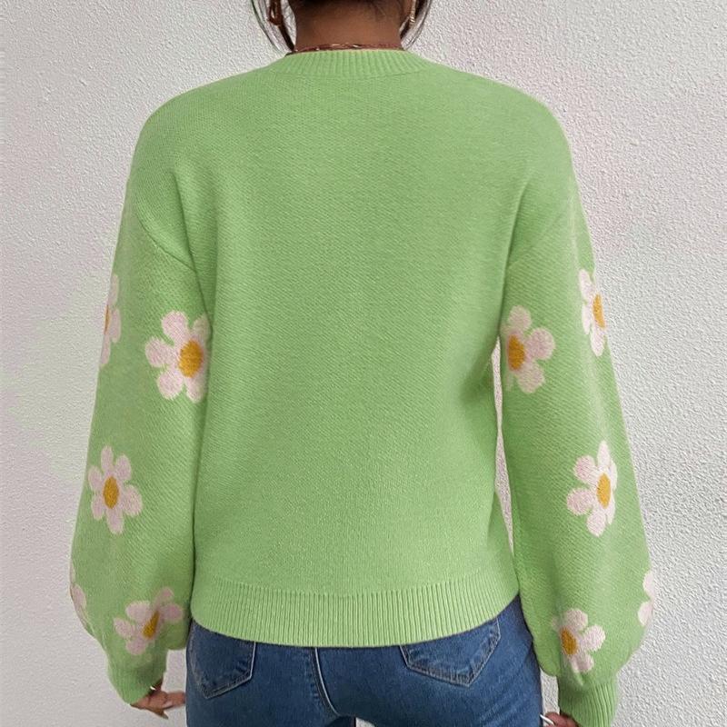 Höst Vinter Rundhals Stickad Pullover Tröja Dam Mode Söt Långärmad Lös Tröjor Dam Krysantemumtryck Varma Stickade Toppar 24638