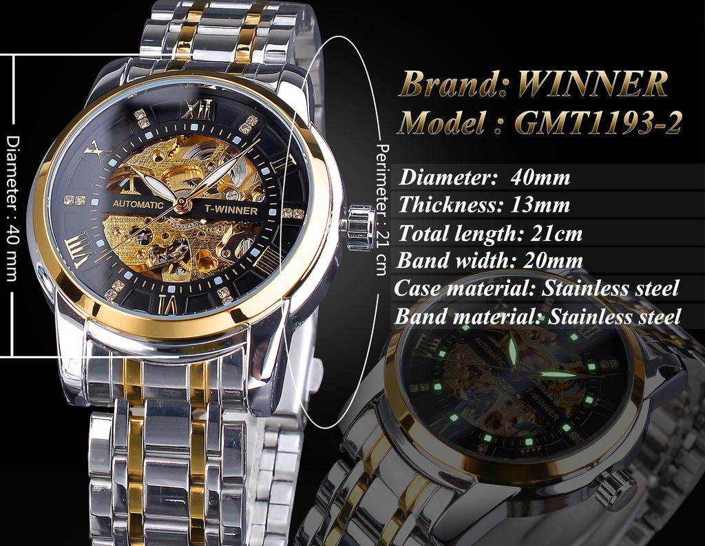 WINNER Diamond Dial Skeleton από ανοξείδωτο ατσάλι Αδιάβροχο φωτεινό νούμερο χεριού Ανδρικό αυτόματο μηχανικό ρολόι SLZg108