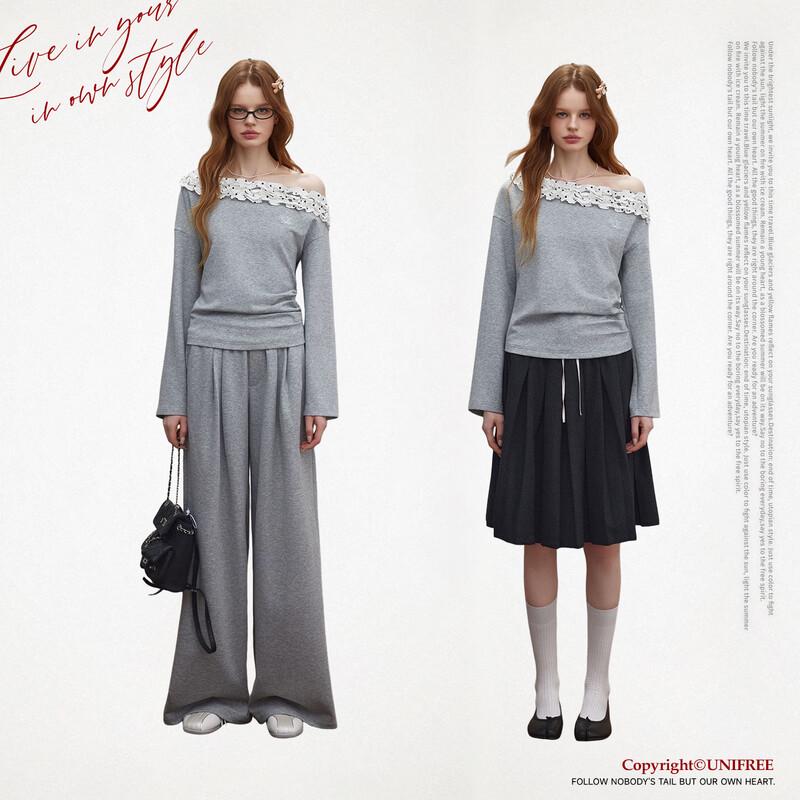UNIFREE Autumn Lace-Trim Long-Sleeve Sweatshirt