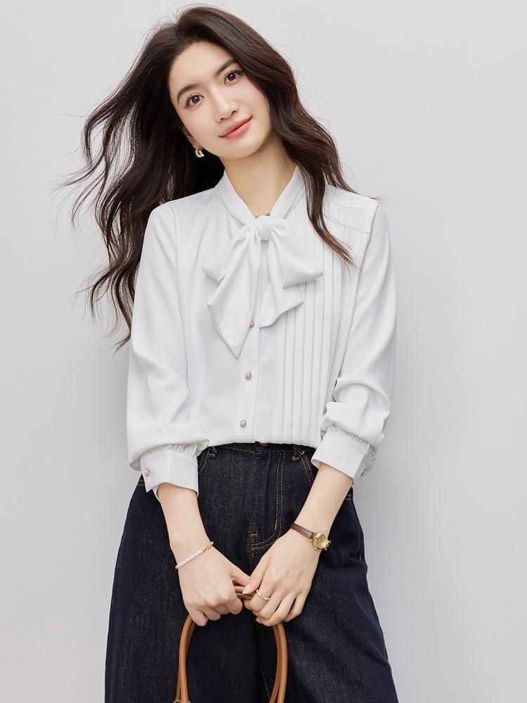 2026 New Women's White Bow Design Long Sleeve Fashion Shirt for Work