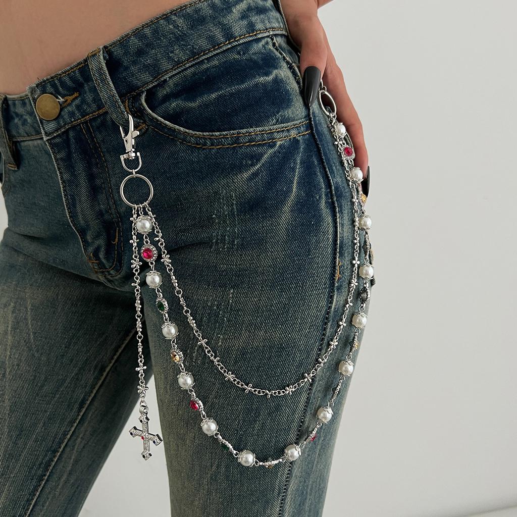 Design Imitation Pearl Flower Chain Trouser Chain, Hip-Hop Color Diamond-Encrusted Cross Waist Chain Pendant