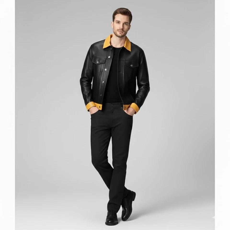 Stylish Soft Lambskin Leather Biker Men's Handmade Black and Yellow Denim Jacket