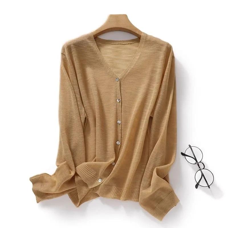 Women V Neck Thin Semi Sheer Knit Cardigan Long Sleeve Single Breasted Sun Protection Casual Knitted Outerwear