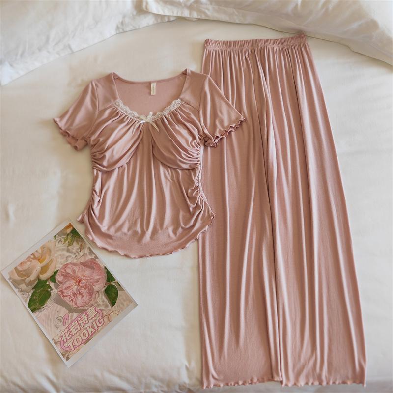 Women's Modal Pajama Set: Summer Short Sleeve & Long Pants with Chest Pad