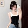 Summer contrasting colors, slim fit and thin inside, sleeveless top with chest pad, French bow lace-up, age-reducing suspender vest