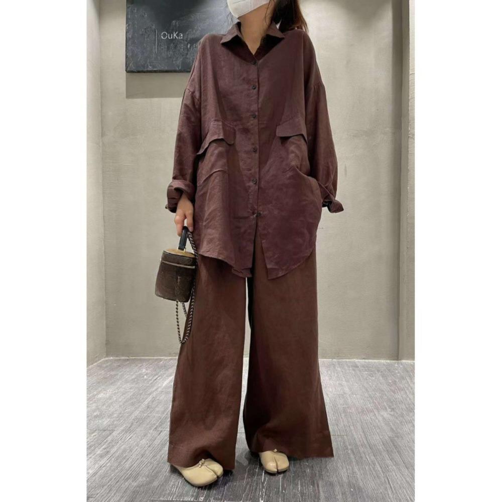 

Женский модный льняной костюм рубашка + повседневные брюки большого размера однотонная темпераментная рубашка повседневный костюм One size кофейный