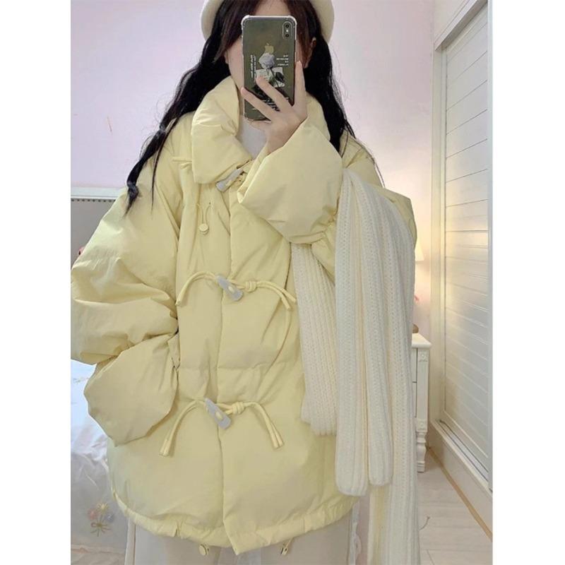 Fashionable Horn Button Winter Coat with Thickened Cotton for Women