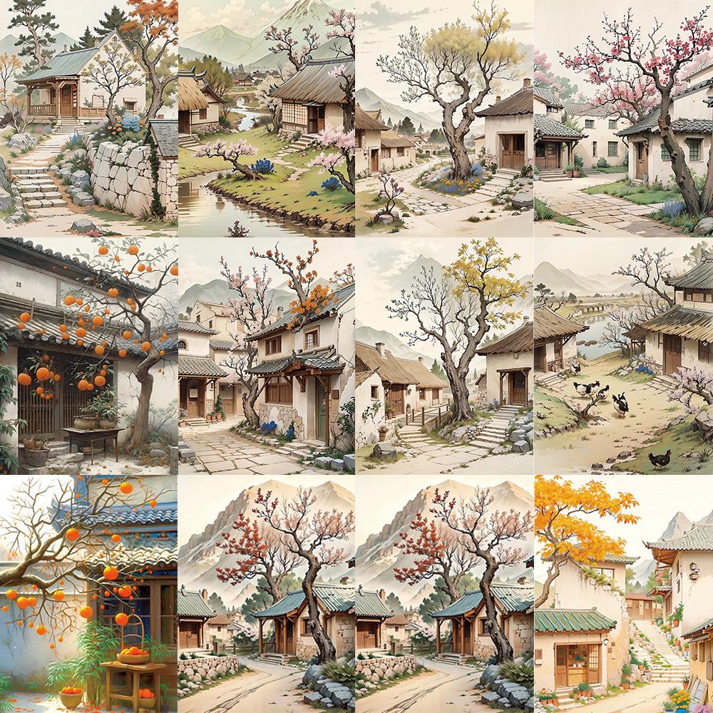 54 Autocollants Graffiti Sentiment d'Automne: Dessin animé, Haute esthétique, Style ancien simple, Nouvel An nostalgique chinois, Thème de l'enfance