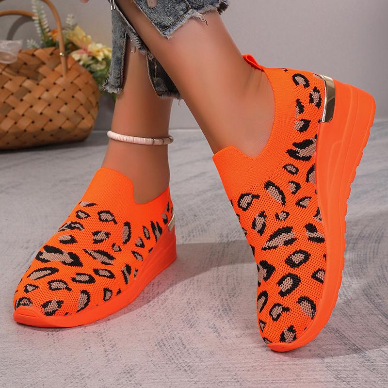 Fashion Leopard Print Knitted Wedge Sneakers for Women Lightweight Slip On Running Shoes Woman Soft Sole Comfortable Casual Shoes 37-44