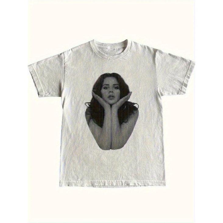 LANA DE REY Vintage Bohemian T-Shirt - Unisex Regular Fit 100% Black & White Lana Morris Portrait Graphic Tee, Non-Transparent Fabric for Everyday