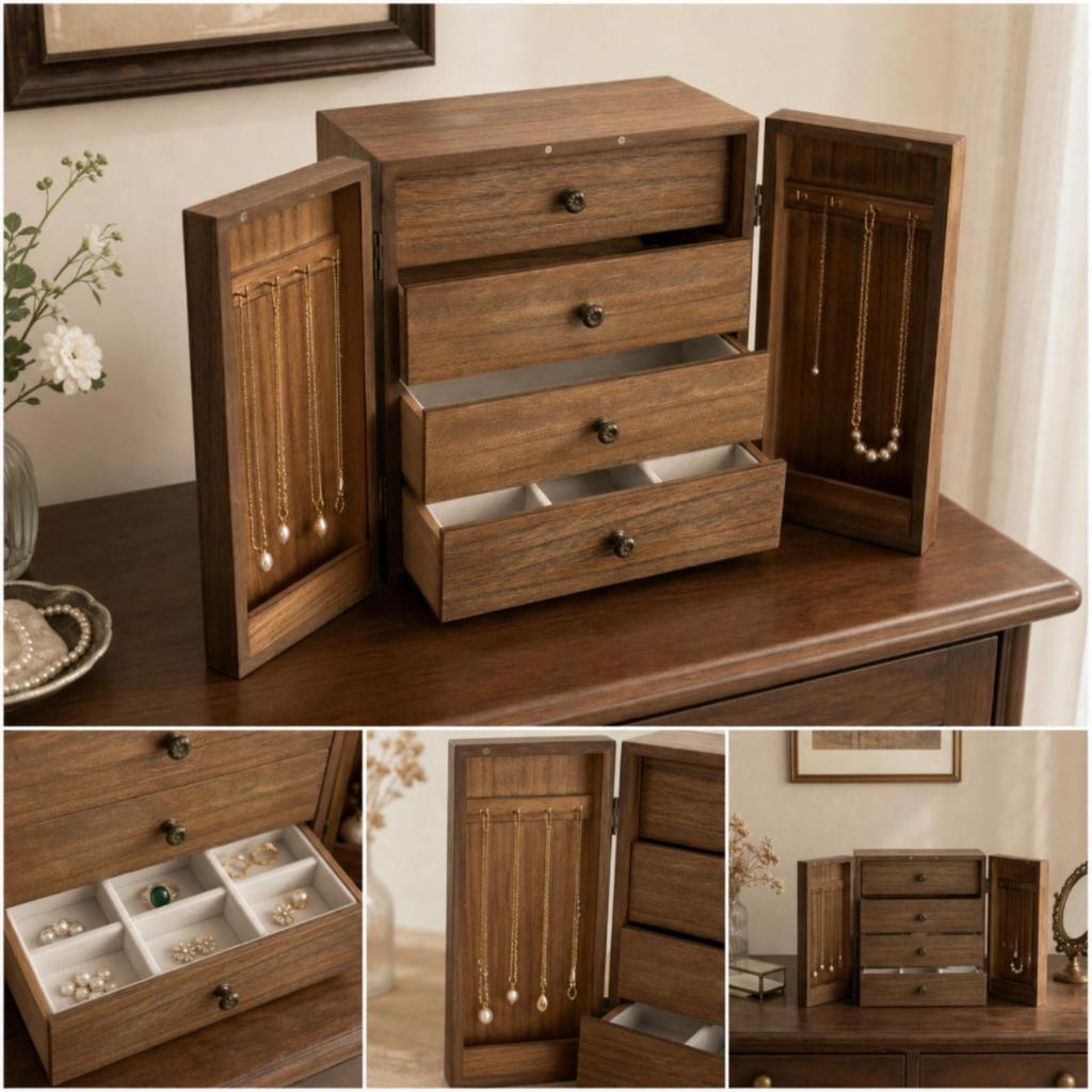 Tabletop Jewelry Cabinet Compact with Drawers Vintage-Style