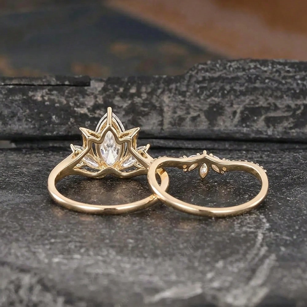 Gold Tone Lotus Flower Ring with Marquise & Round CZ, Layered Design Wedding Engagement Ring, Luxury Bridal Jewelry for Women