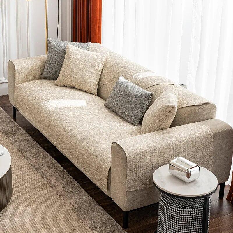 Flax Sofa Cover Solid Color Sofa Slipcover Non Slip Seat Cushion Cover Furniture Protector For Bedroom Office Living Room Decor