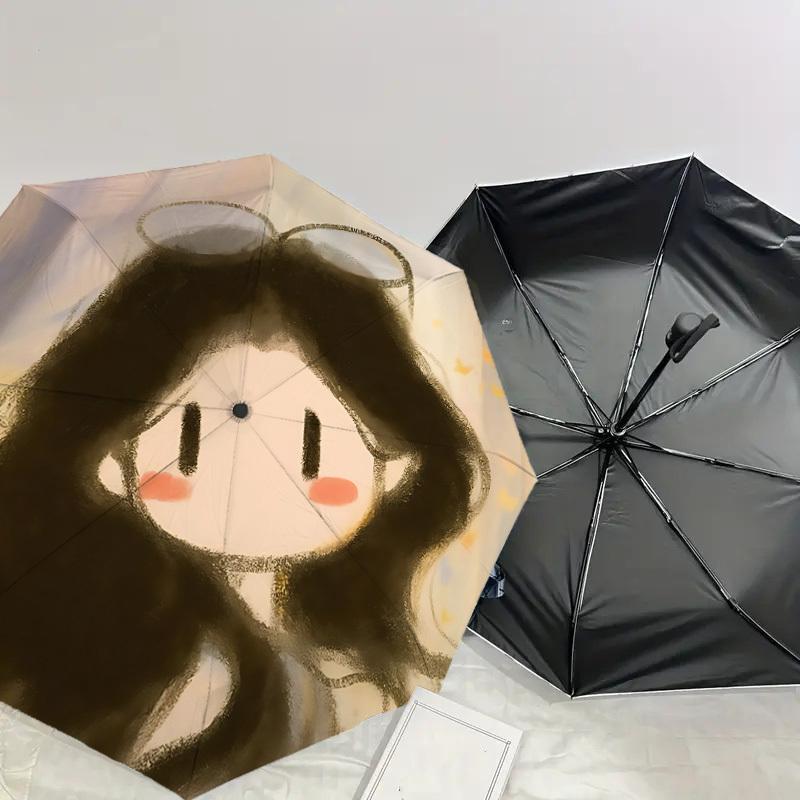 Charming Cartoon Girl with Bowknot - Umbrella Design for Outdoor Adventures, Auto-Opening Protection, Lightweight and Durable Travel Accessory 184