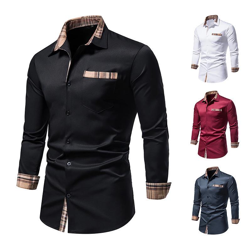 Mens Casual Long Sleeve Plaid Stitching Shirt European Size