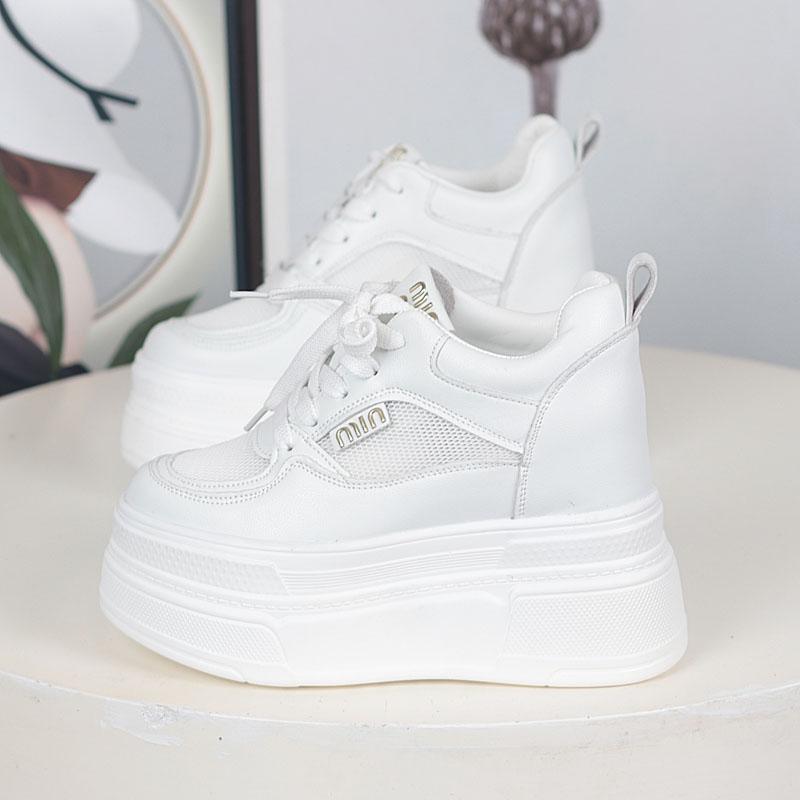 Fashion 12CM Women Casual Walking Shoes Summer Autumn Lace Up Leather High Quality Sneakers Fashion Flat-Bottomed Female Chunky Sneakers