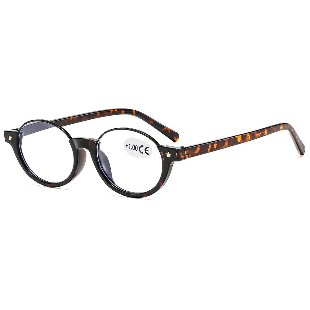 Small-framed oval anti-blue light semi-metallic retro glasses, men's and women's round reading glasses with leopard print