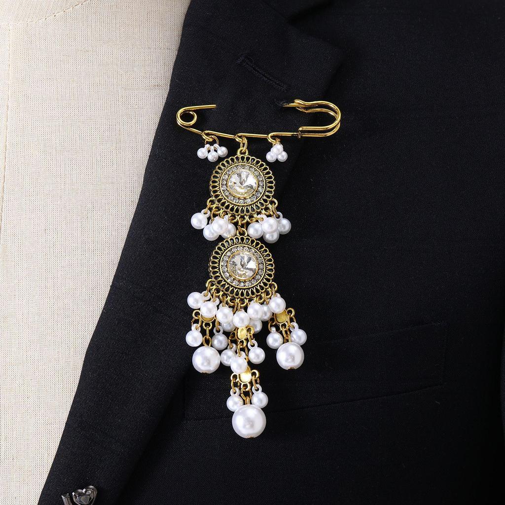 Bohemian Rhinestone Flower Tassel Brooch for Women - Exotic Style Suit Coat Pin
