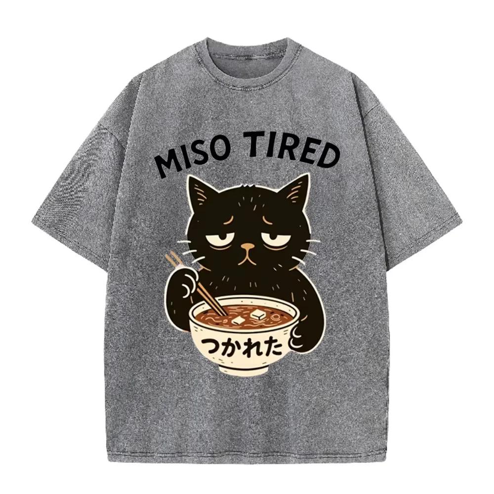 Vintage Washed Purple "Miso Tired" Black Cat Miso Soup Casual T Shirt
