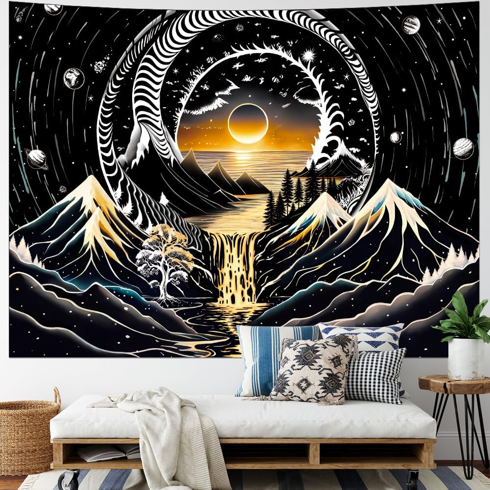 Amhokhui Black and White Tapestry Sun Mountain Tapestry Starry Night Aesthetic Tapestries Trippy River Landscape Tapestries Dark Wall Hanging Decor